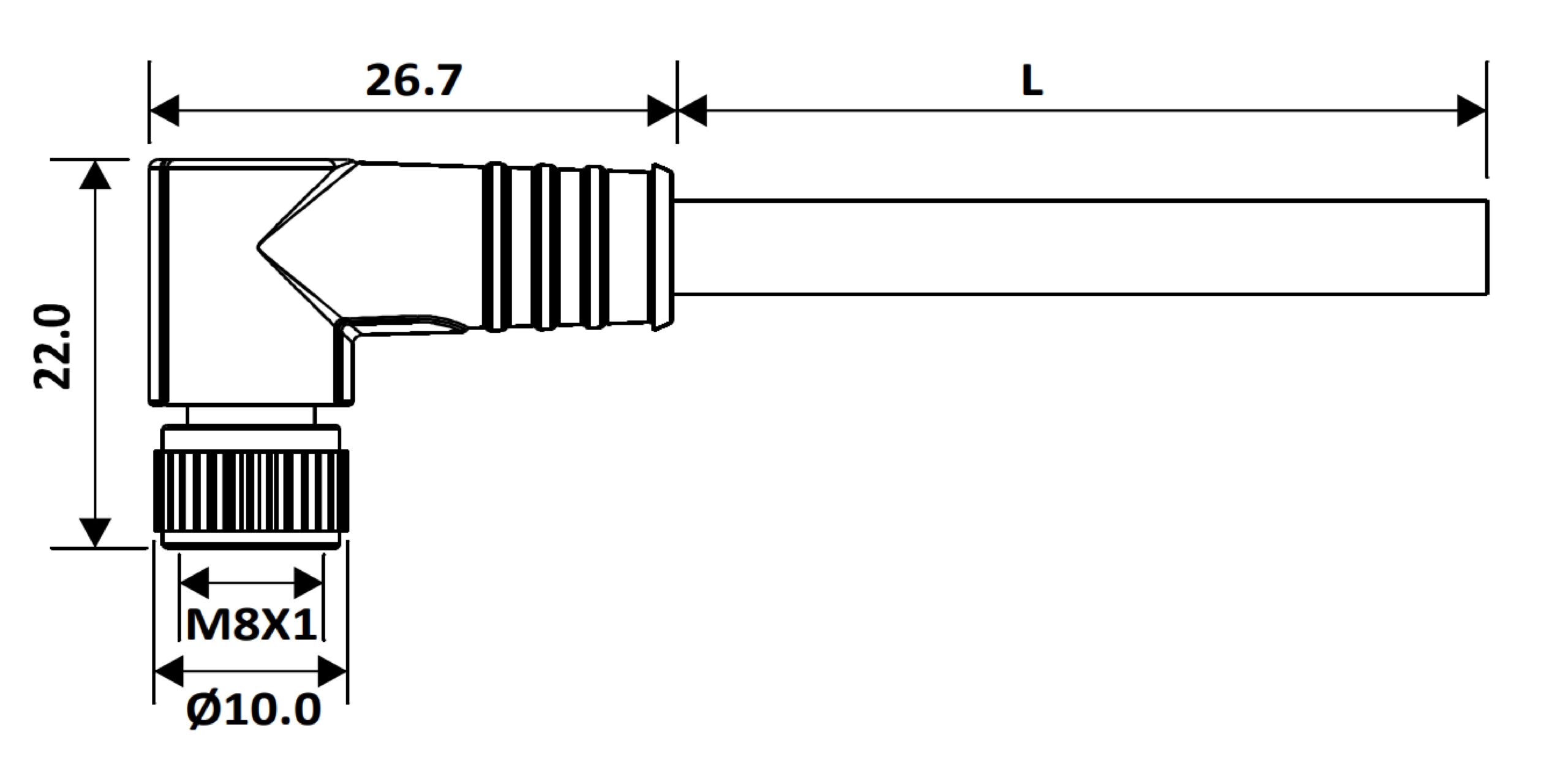 Technical drawing M8 female sensor cables MSC-8FAA332B034RN series