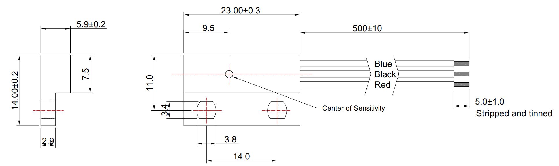Technical drawing, wired Hall sensor MHS-102